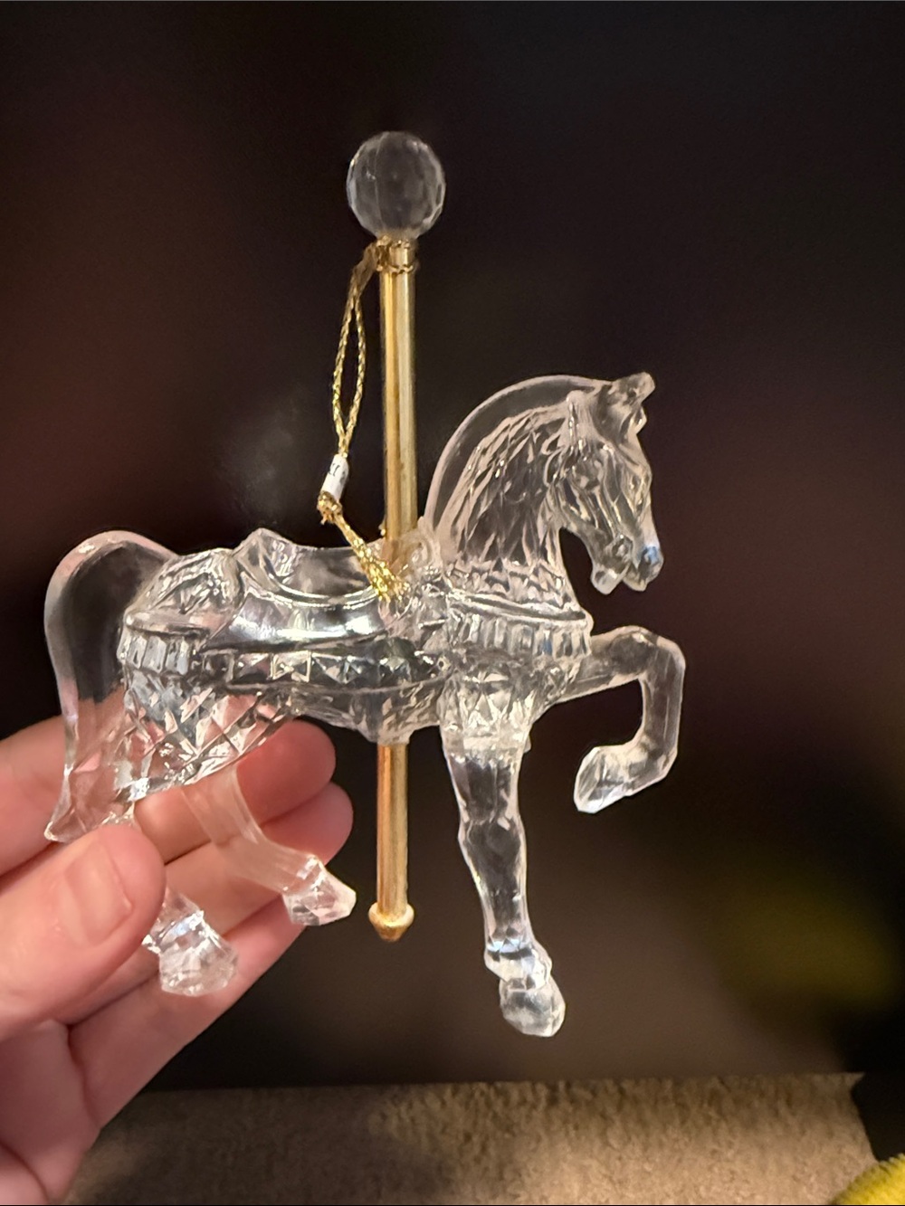 Clear Glass Carousel Horse Ornament with Gold Pole Accent